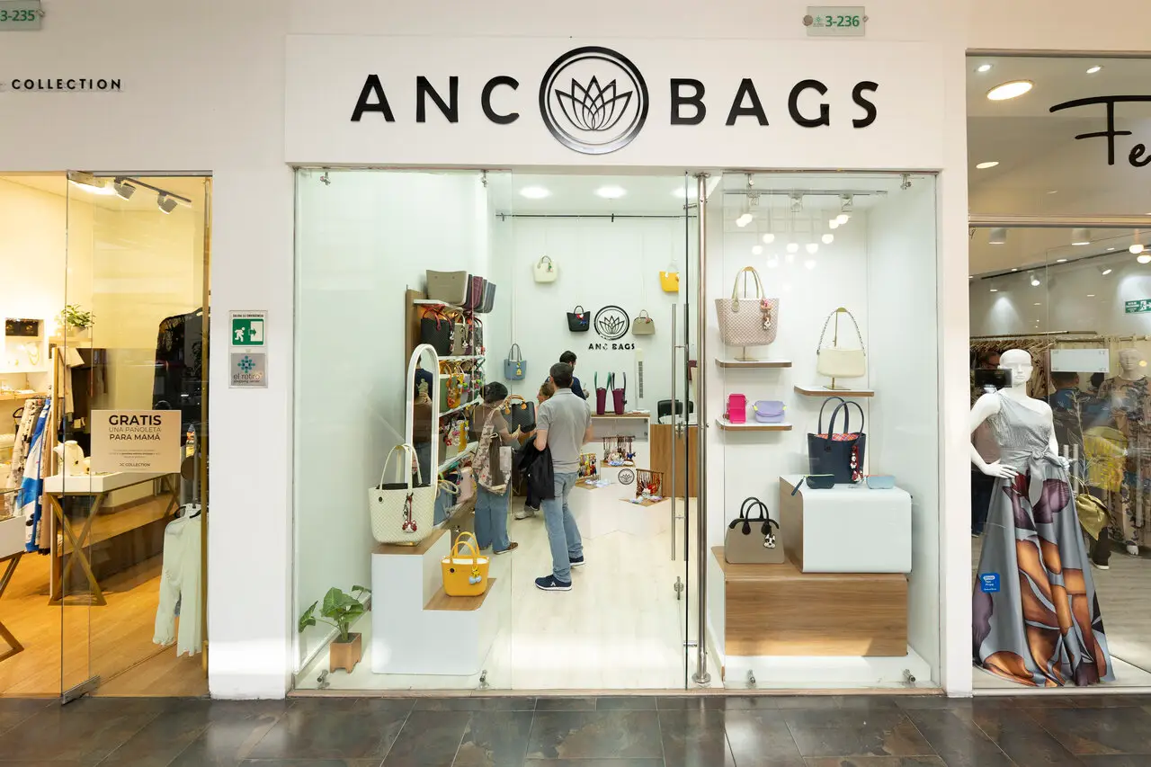 Storefront of ANC BAGS displaying a variety of handbags on shelves and stands inside a bright, modern shop.