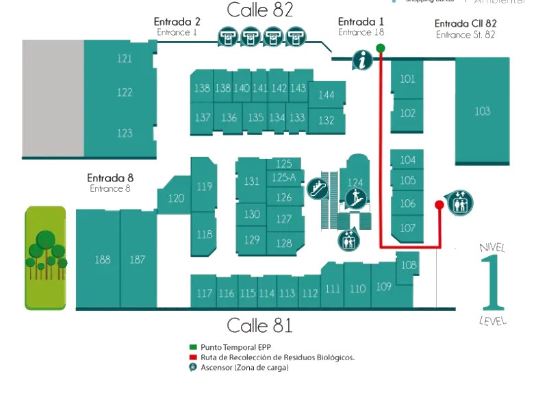Floor plan of a market with booth numbers, entrances, and a red walking route highlighted for guidance.