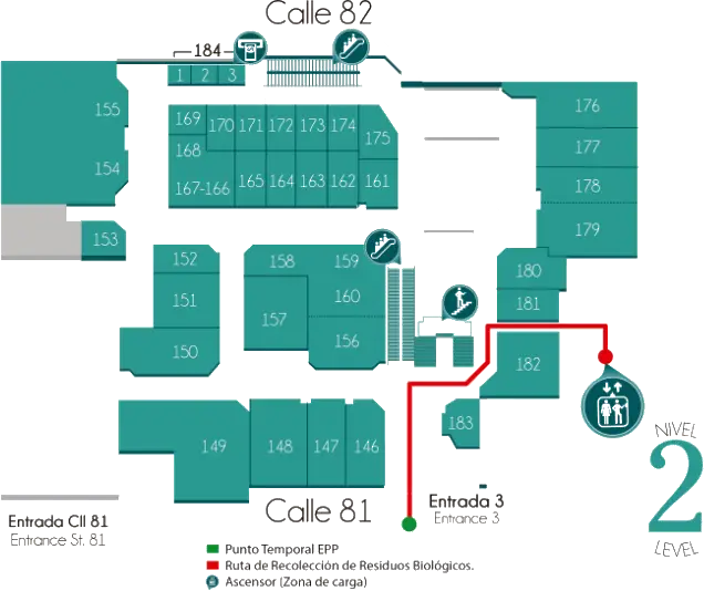 Level 2 floor plan with teal-stall outlines numbered 149–183, two entrances and a red route from Entrada 3 guiding to a circular services icon on the right side.