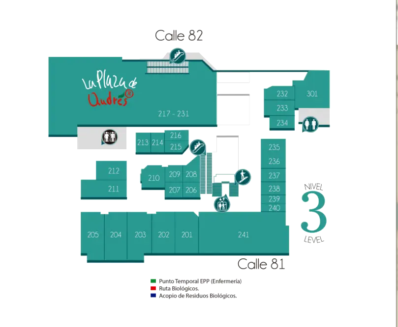 Directory map of Level 3 showing store numbers along Calle 81/82 with restrooms and elevators icons visible.