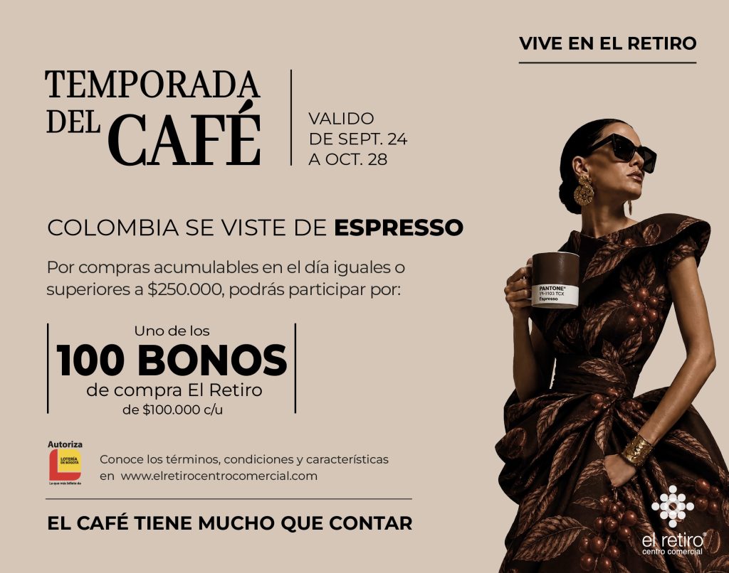 Promotional banner for 'Temporada del Café' with dates Sept 24–Oct 28 and a stylish woman holding a coffee cup on a beige background.