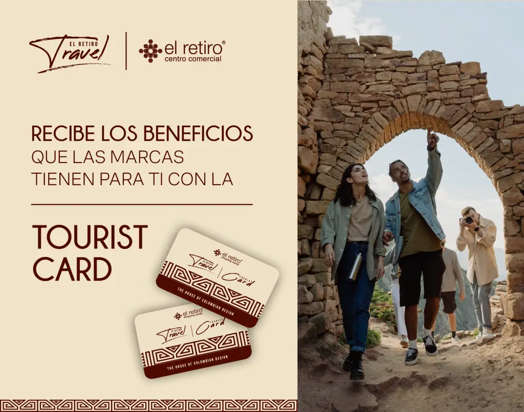Banner with logos on the left and group of tourists at a stone arch on the right; a beige promotional panel with Spanish text about benefits.